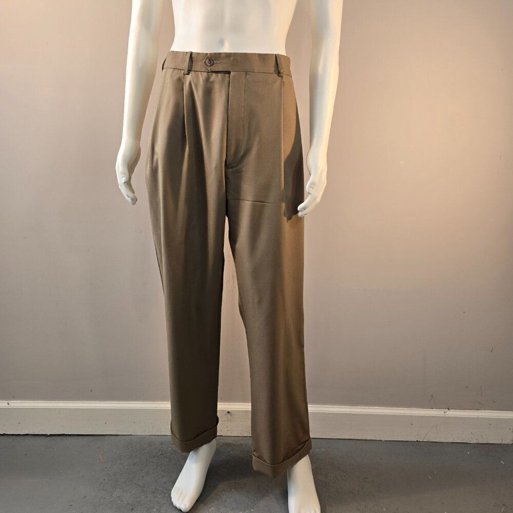 Grant Thomas Khaki Brown Wool Dress Pants Mens Sz 36 x 29 Pleated Classic Cuff